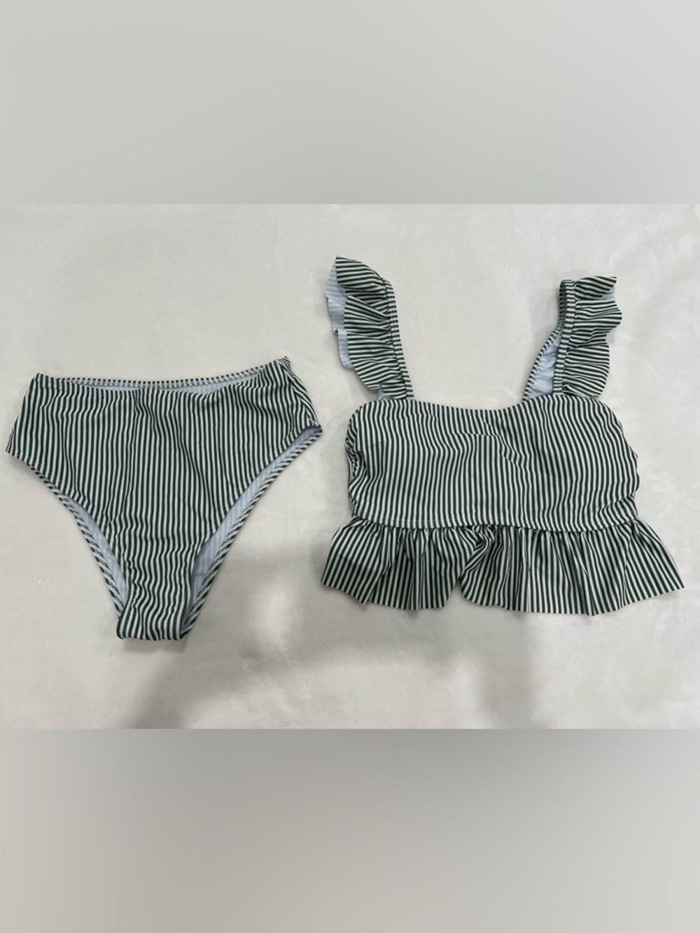 Green and White Striped Ruffle Bikini Set